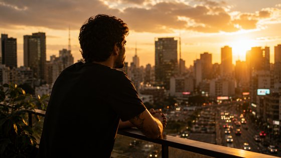 Profissional observando a cidade ao pôr do sol