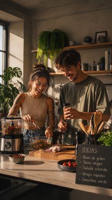 Casal em cozinha acolhedora