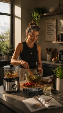 Preparando salada na cozinha iluminada